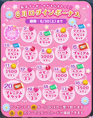 6月ログインボーナスの報酬ですが、カードですべて見ることができます。